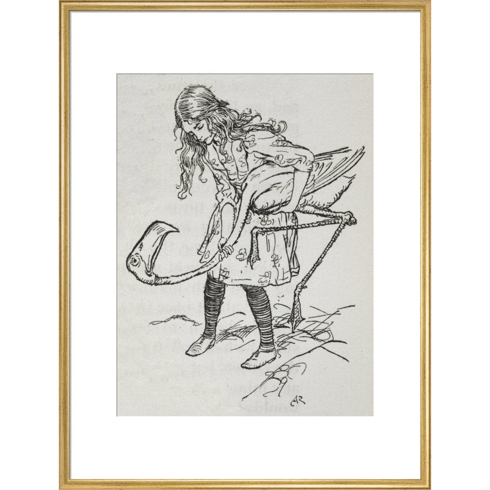 Alice playing croquet with a flamingo print in gold frame