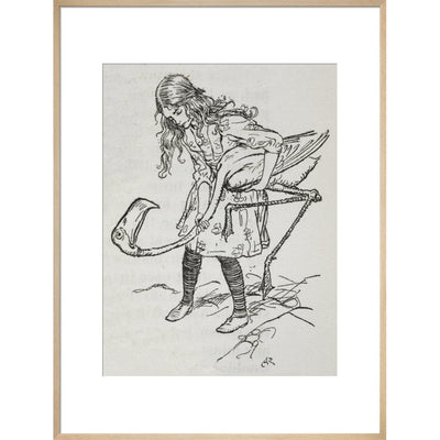 Alice playing croquet with a flamingo print in natural frame