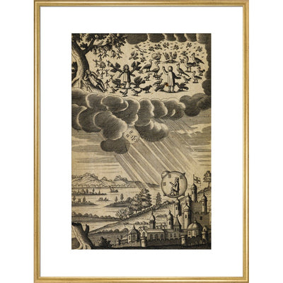 The Comical History of the States and Empires of the Worlds of the Moon and Sun print in gold frame