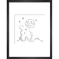 Smiling moon and rooftops print in black frame