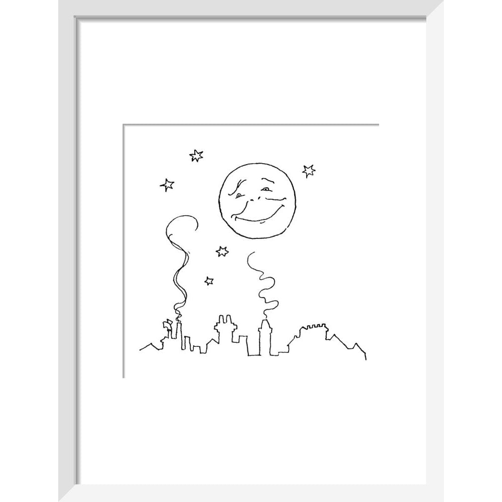 Smiling moon and rooftops print in white frame