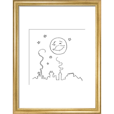 Smiling moon and rooftops print in gold frame