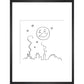 Smiling moon and rooftops print in black frame