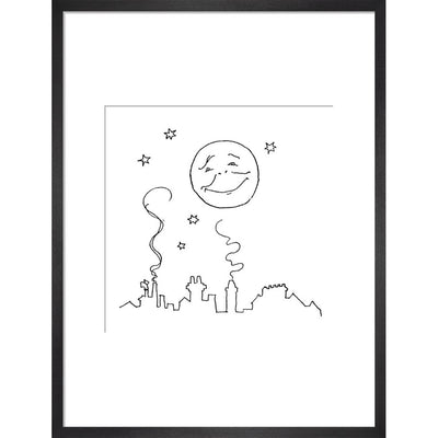 Smiling moon and rooftops print in black frame