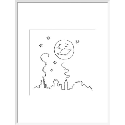 Smiling moon and rooftops print in white frame