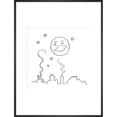 Smiling moon and rooftops print in black frame