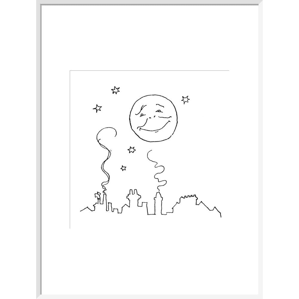 Smiling moon and rooftops print in white frame