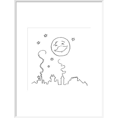 Smiling moon and rooftops print in white frame