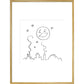 Smiling moon and rooftops print in gold frame