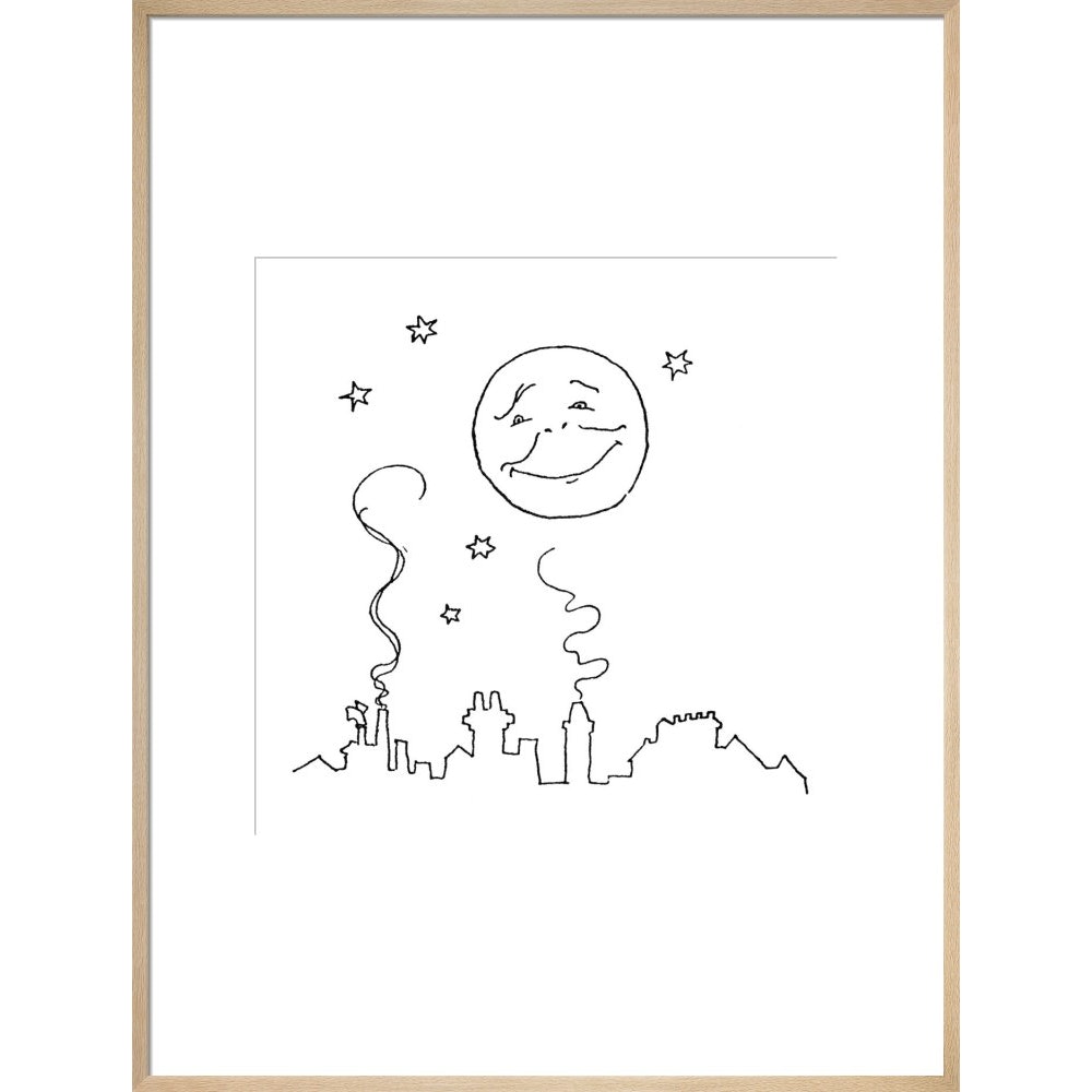Smiling moon and rooftops print in natural frame