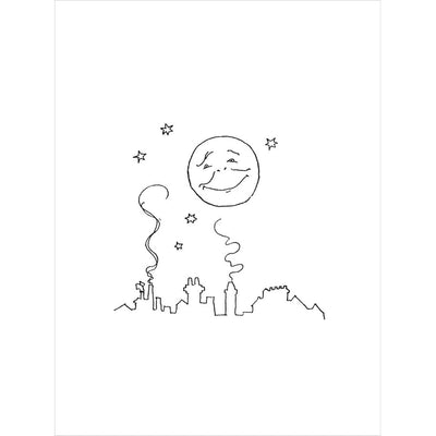 Smiling moon and rooftops print unframed