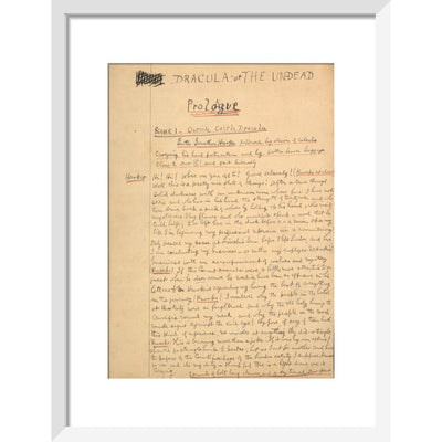 Dracula manuscript print in white frame