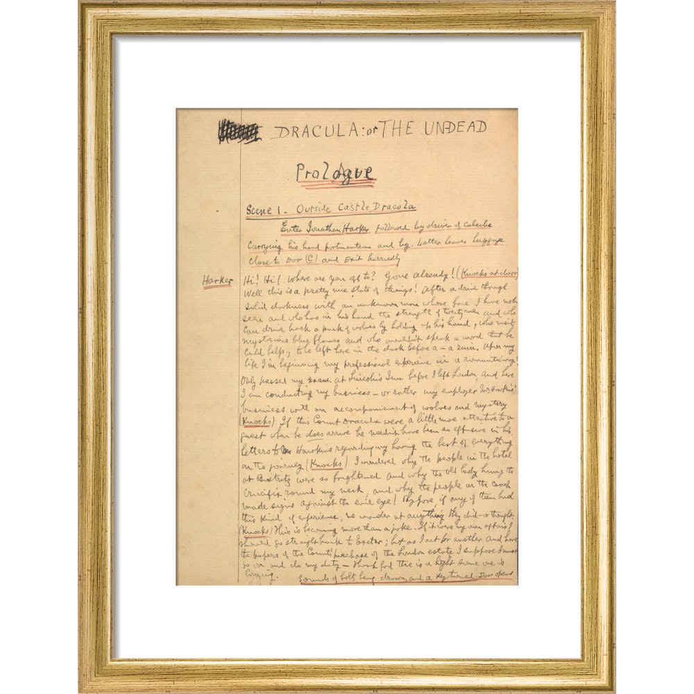 Dracula manuscript print in gold frame