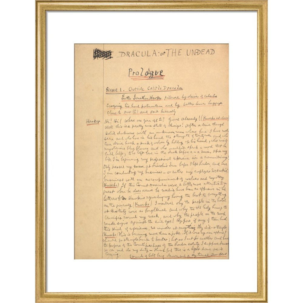 Dracula manuscript print in gold frame