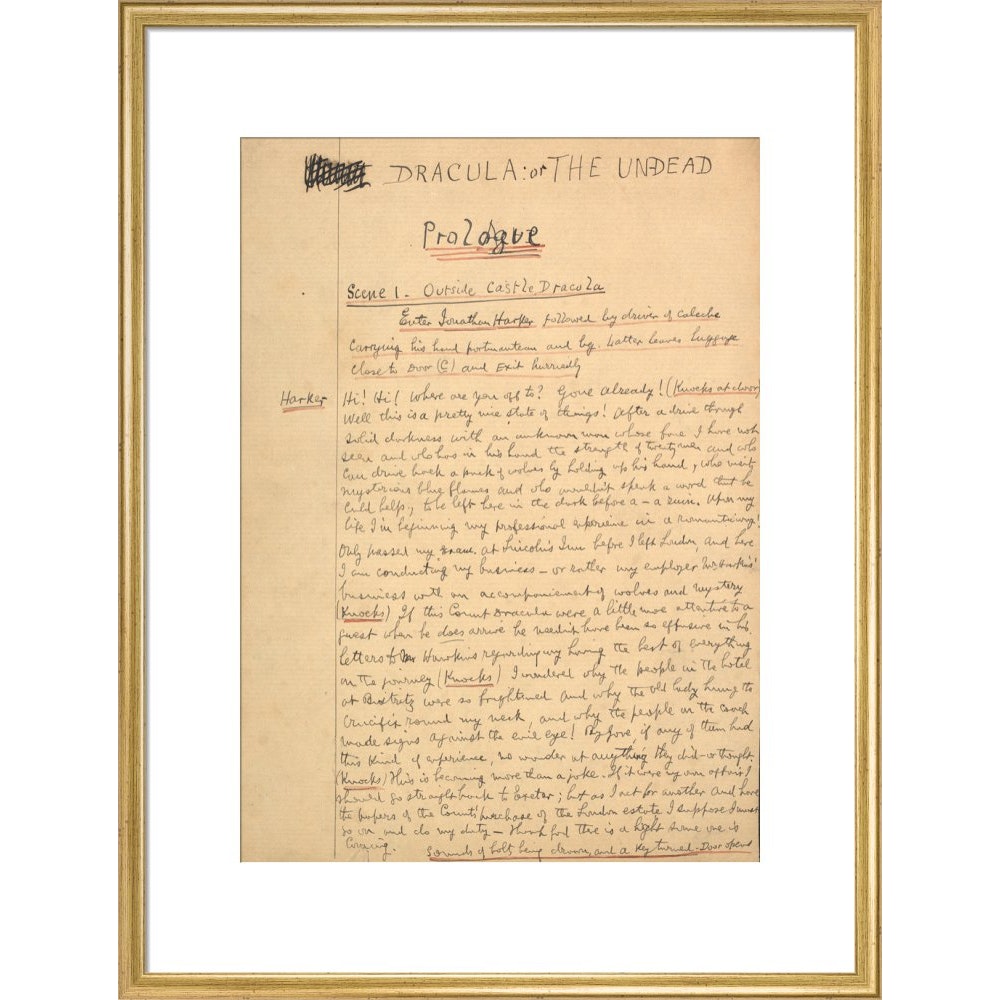 Dracula manuscript print in gold frame