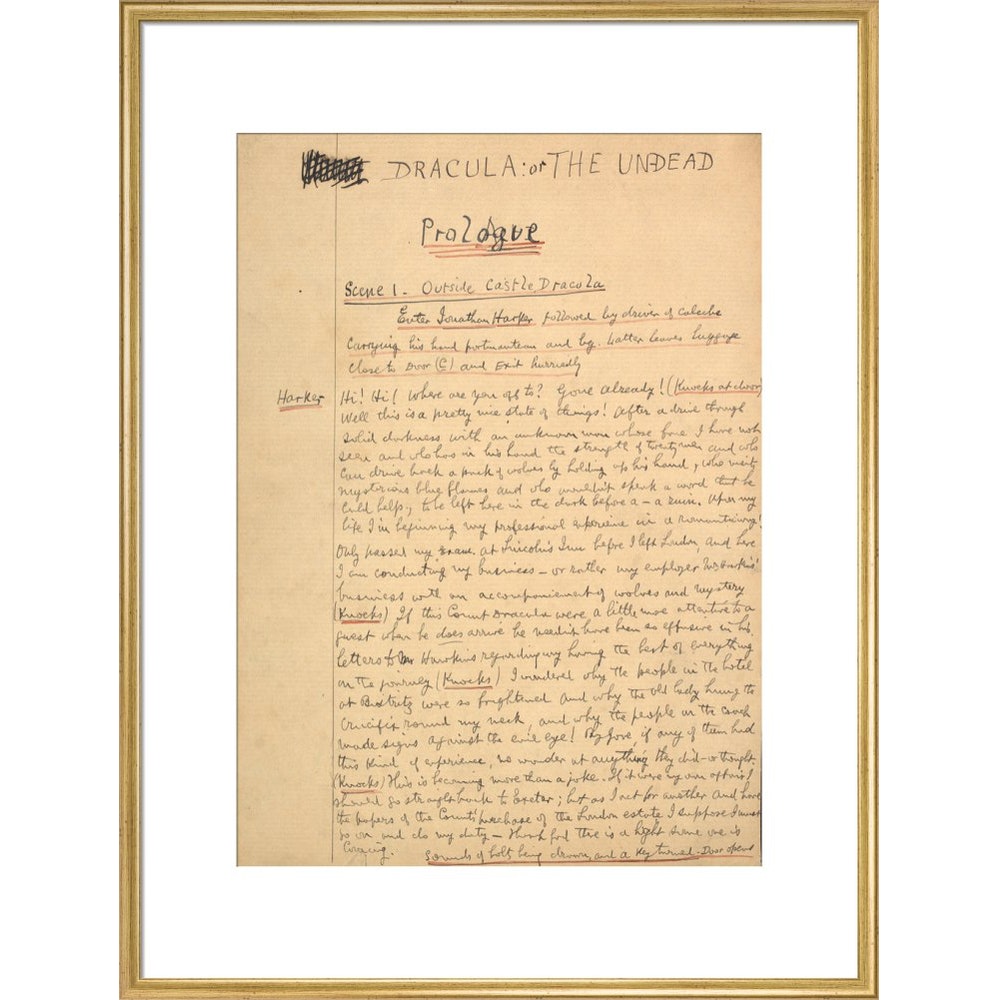 Dracula manuscript print in gold frame