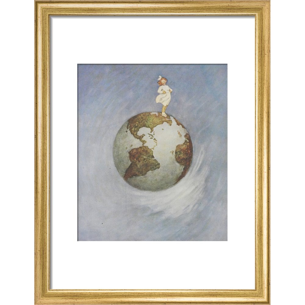 Young girl standing on the Earth print in gold frame