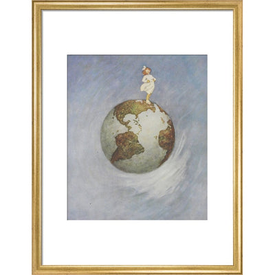 Young girl standing on the Earth print in gold frame