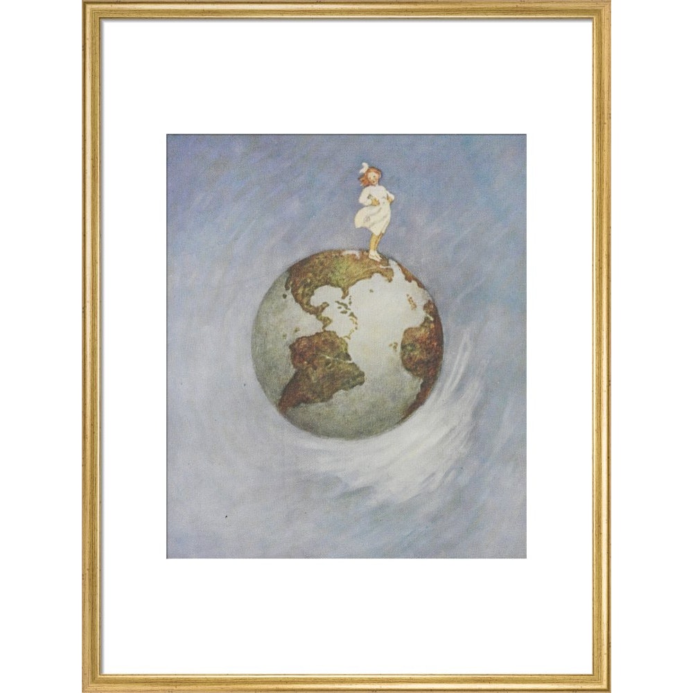 Young girl standing on the Earth print in gold frame