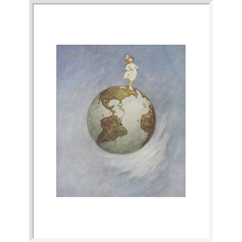 Young girl standing on the Earth print in white frame