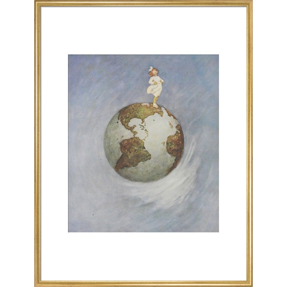 Young girl standing on the Earth print in gold frame