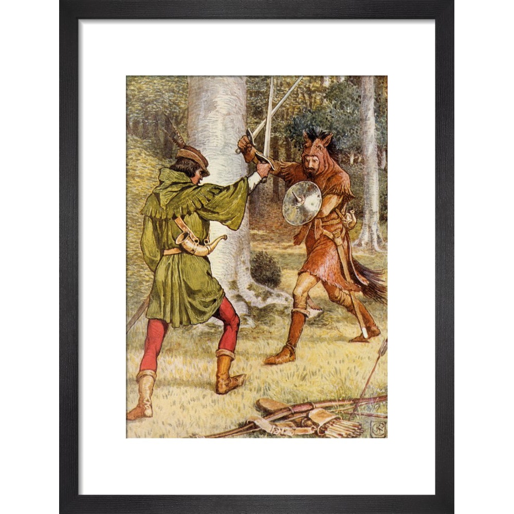 Robin Hood and Guy of Gisborne fighting print in black frame