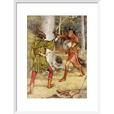 Robin Hood and Guy of Gisborne fighting print in white frame