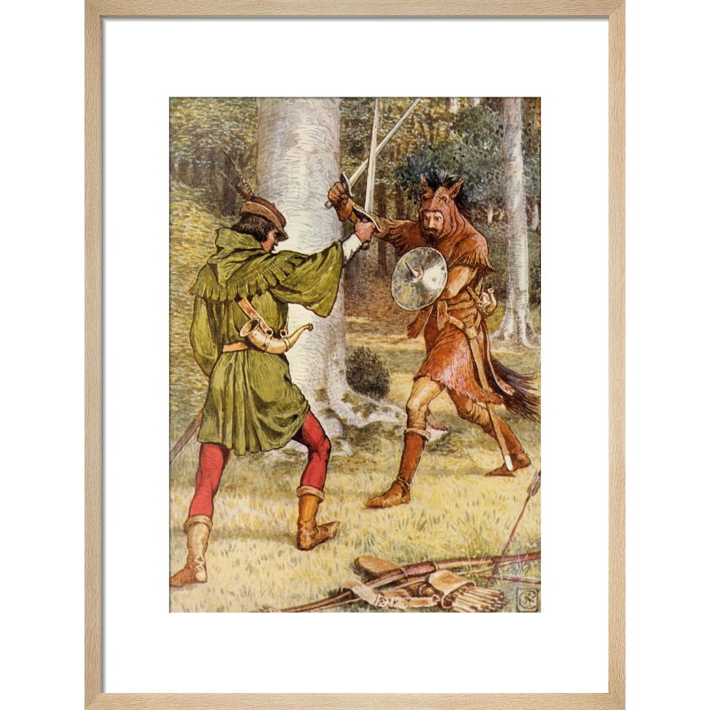 Robin Hood and Guy of Gisborne fighting print in natural frame