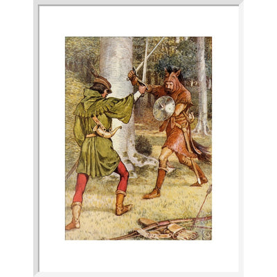 Robin Hood and Guy of Gisborne fighting print in white frame