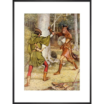Robin Hood and Guy of Gisborne fighting print in black frame
