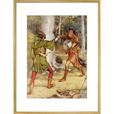 Robin Hood and Guy of Gisborne fighting print in gold frame