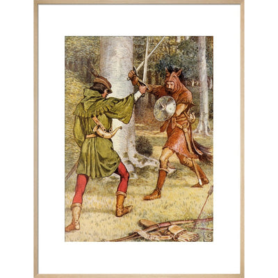 Robin Hood and Guy of Gisborne fighting print in natural frame
