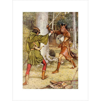 Robin Hood and Guy of Gisborne fighting print unframed