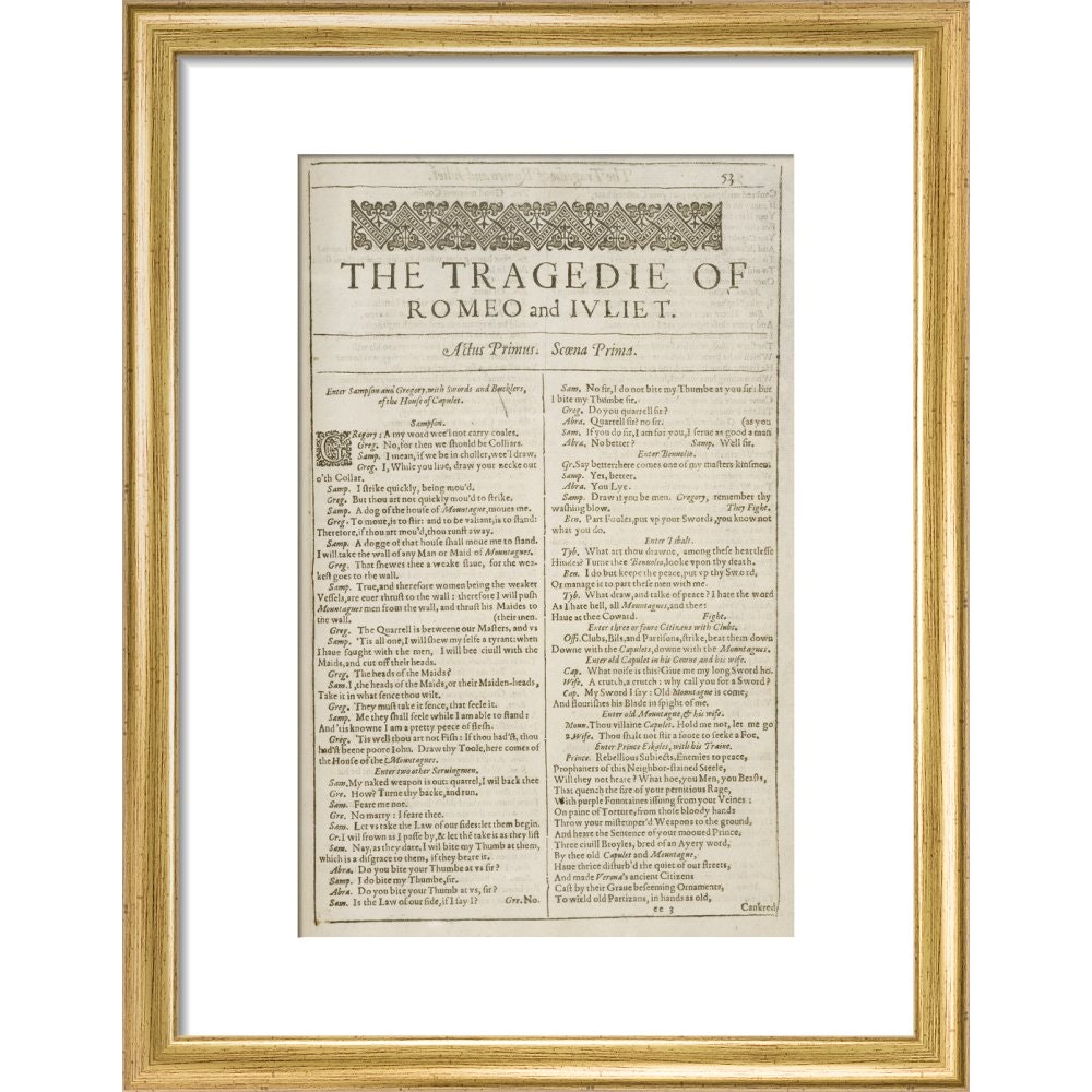 Romeo and Juliet Shakespeare's First Folio title page print in gold frame