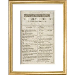 Romeo and Juliet Shakespeare's First Folio title page print in gold frame