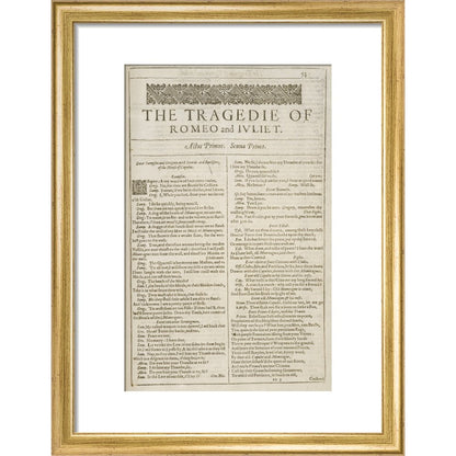 Romeo and Juliet Shakespeare's First Folio title page print in gold frame