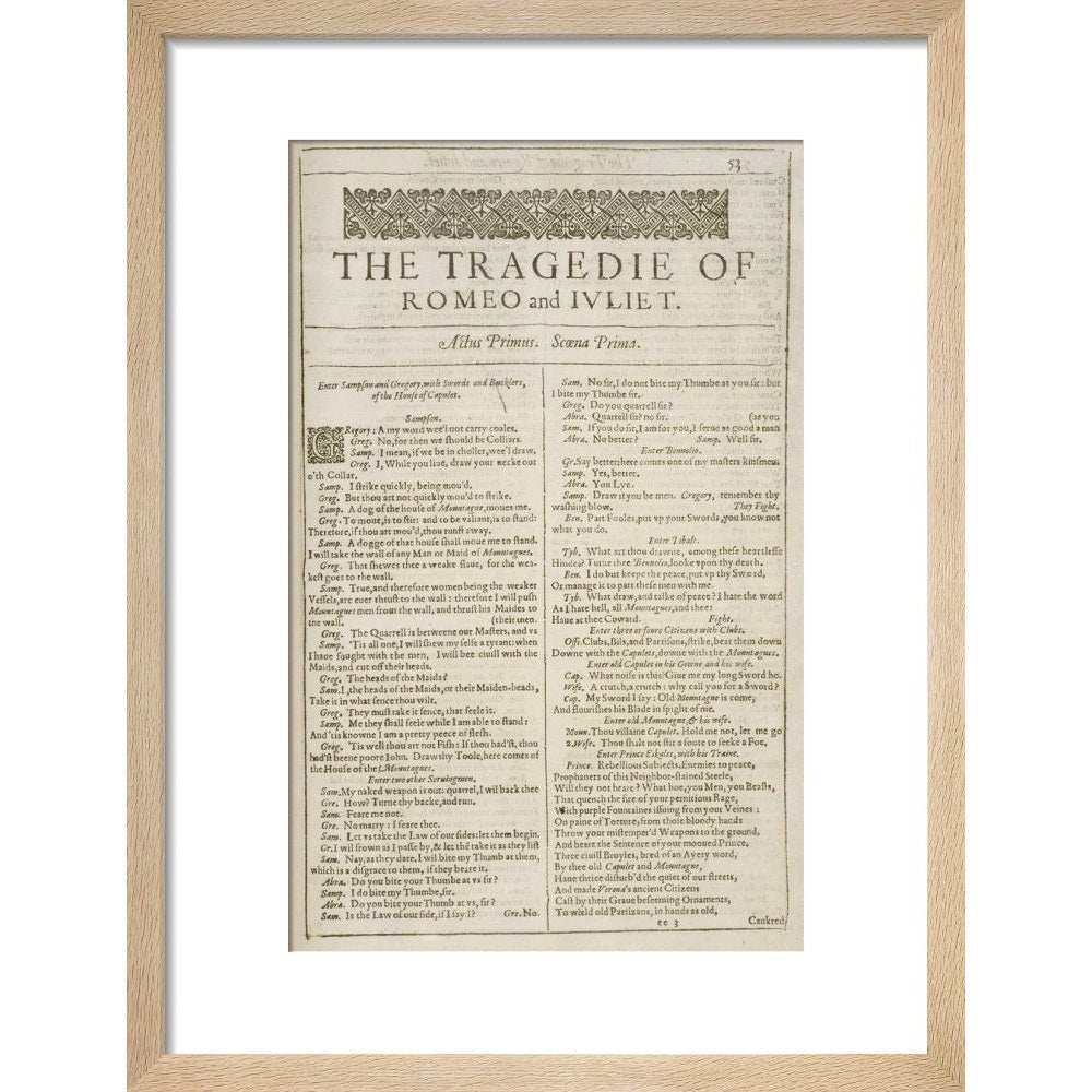 Romeo and Juliet Shakespeare's First Folio title page print in natural frame