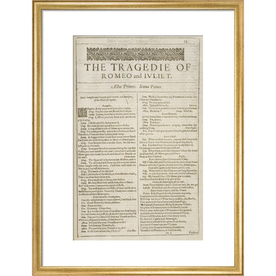 Romeo and Juliet Shakespeare's First Folio title page print in gold frame