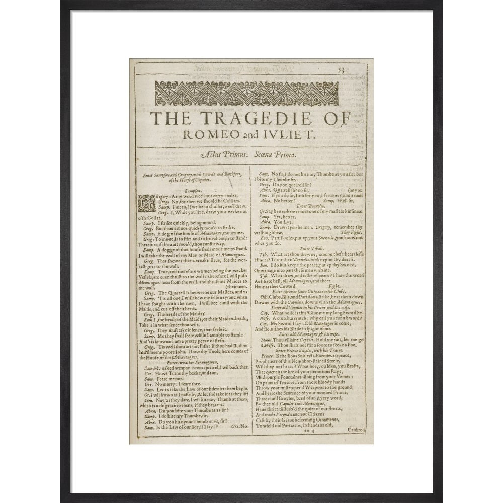 Romeo and Juliet Shakespeare's First Folio title page print in black frame