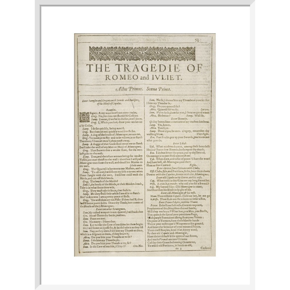 Romeo and Juliet Shakespeare's First Folio title page print in white frame