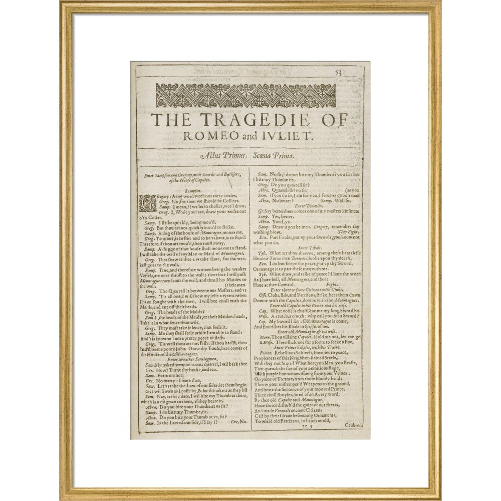 Romeo and Juliet Shakespeare's First Folio title page print in gold frame