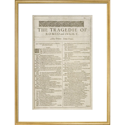 Romeo and Juliet Shakespeare's First Folio title page print in gold frame