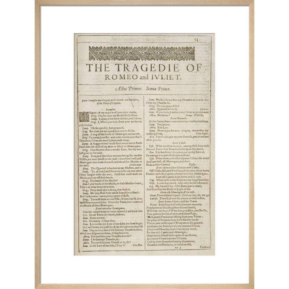 Romeo and Juliet Shakespeare's First Folio title page print in natural frame