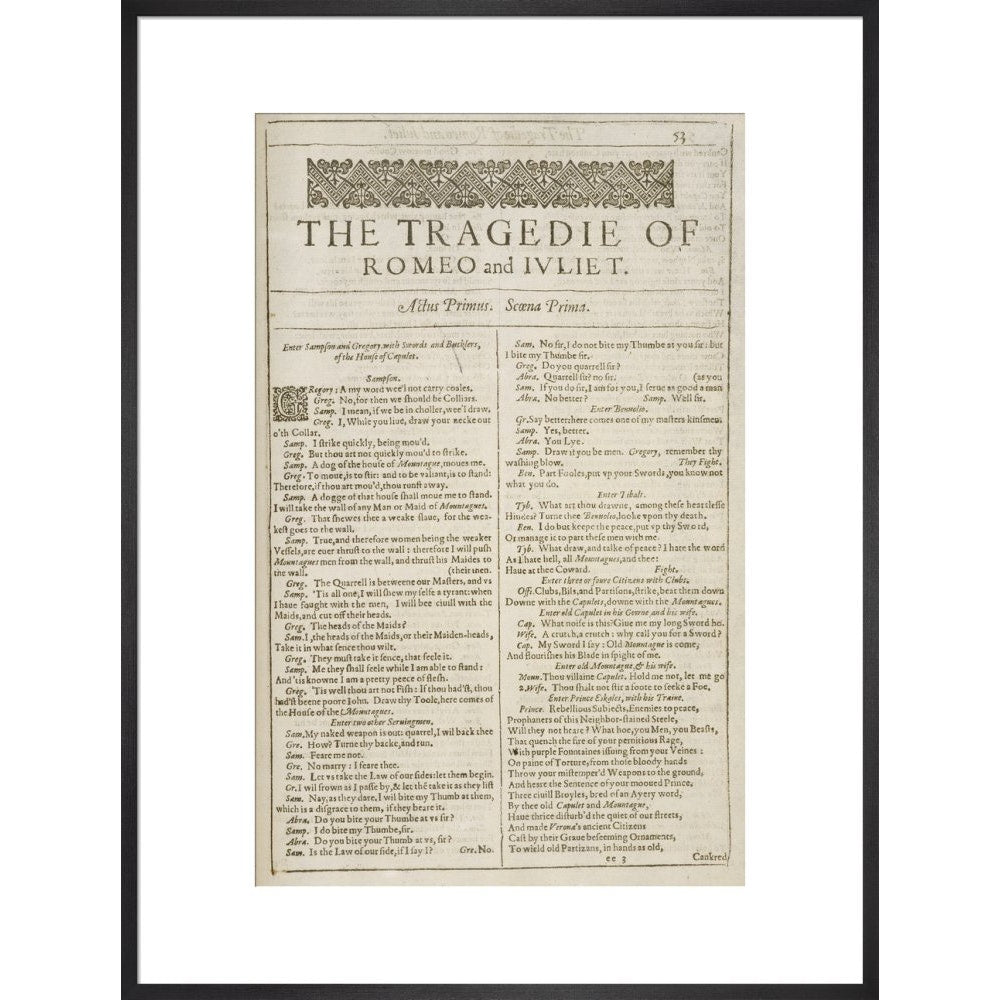 Romeo and Juliet Shakespeare's First Folio title page print in black frame