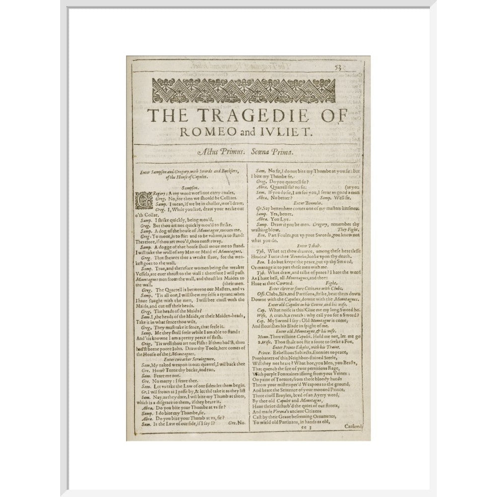 Romeo and Juliet Shakespeare's First Folio title page print in white frame