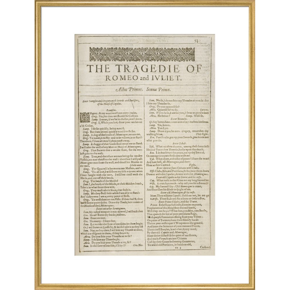 Romeo and Juliet Shakespeare's First Folio title page print in gold frame