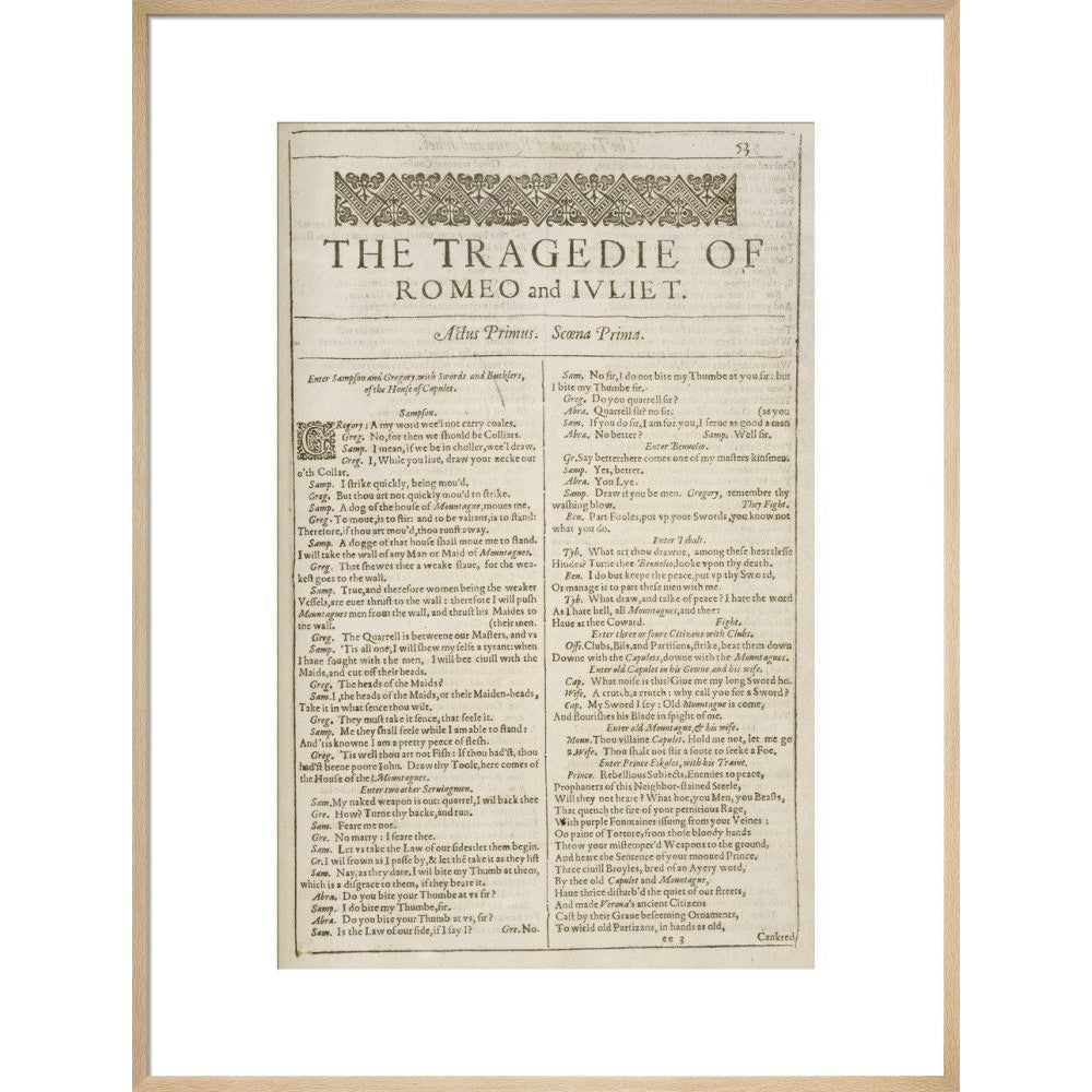 Romeo and Juliet Shakespeare's First Folio title page print in natural frame