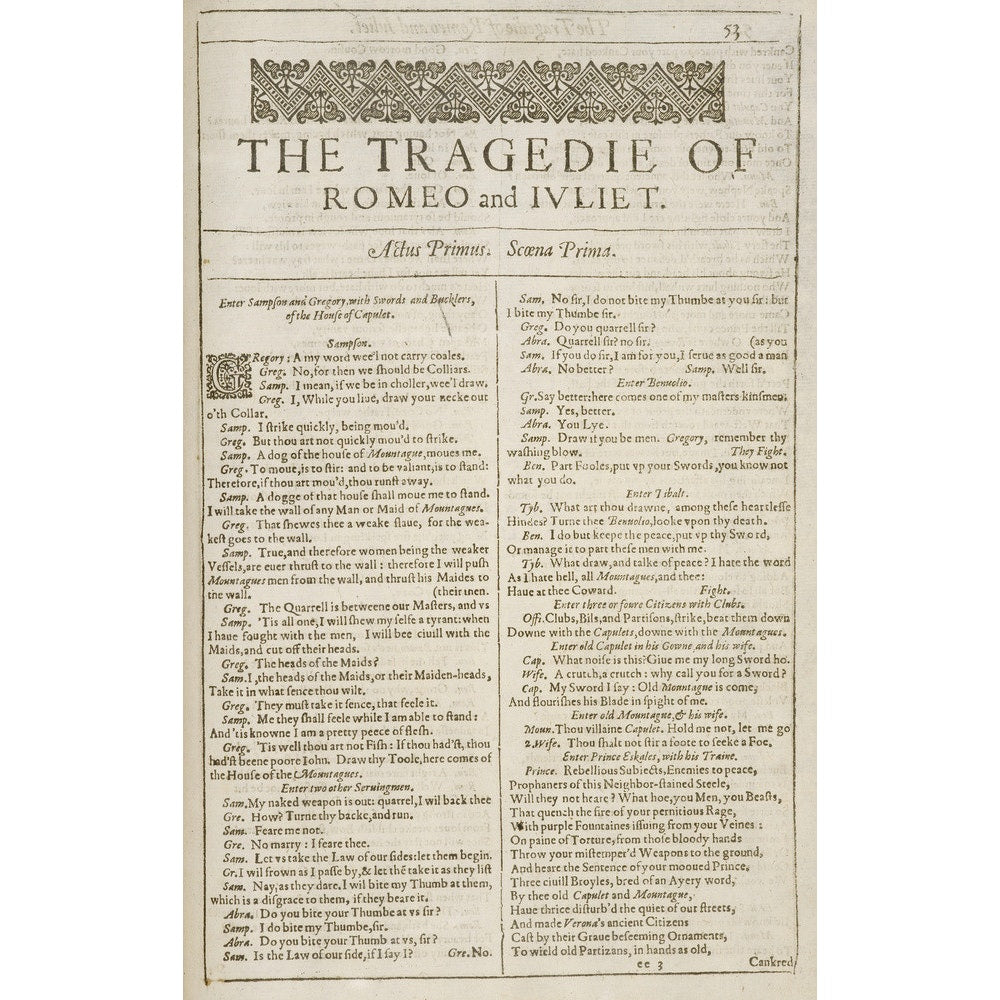 Romeo and Juliet Shakespeare's First Folio title page print