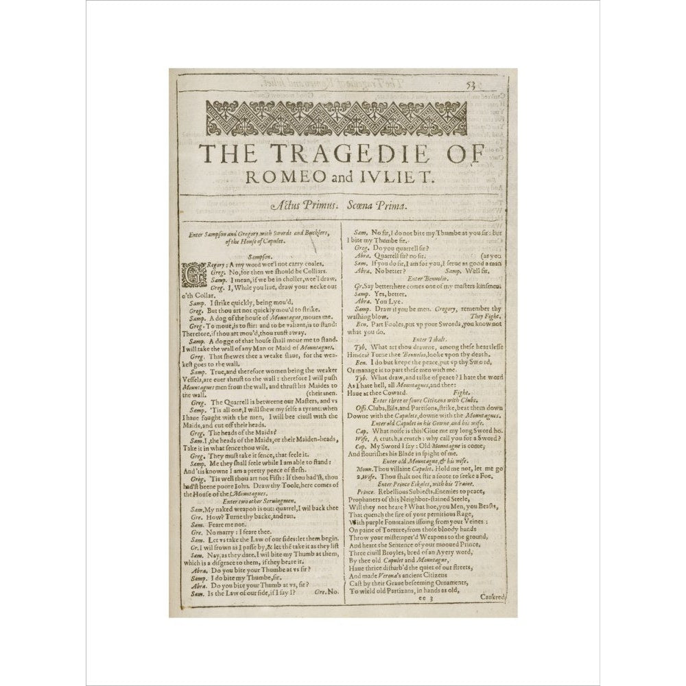 Romeo and Juliet Shakespeare's First Folio title page print unframed