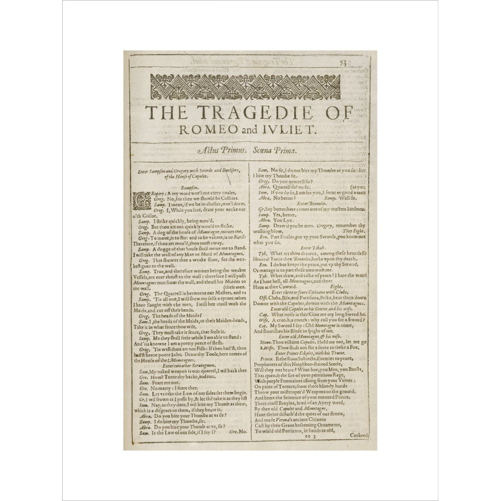 Romeo and Juliet Shakespeare's First Folio title page print unframed